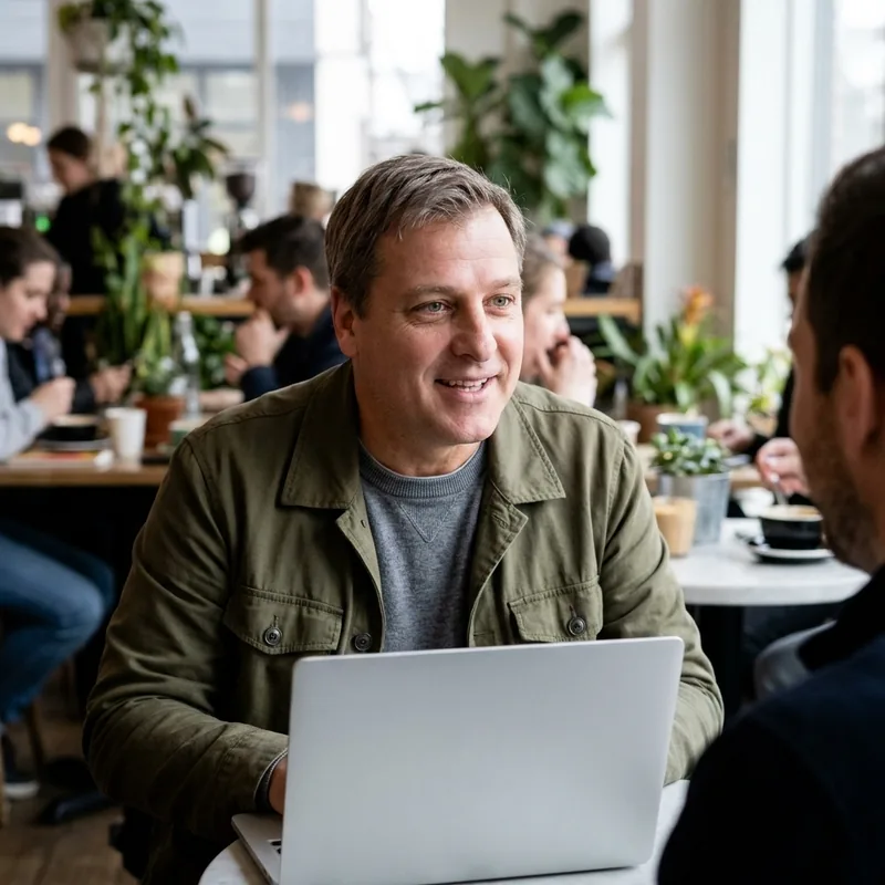 A man smiling as he talks with someone over a laptop in a café