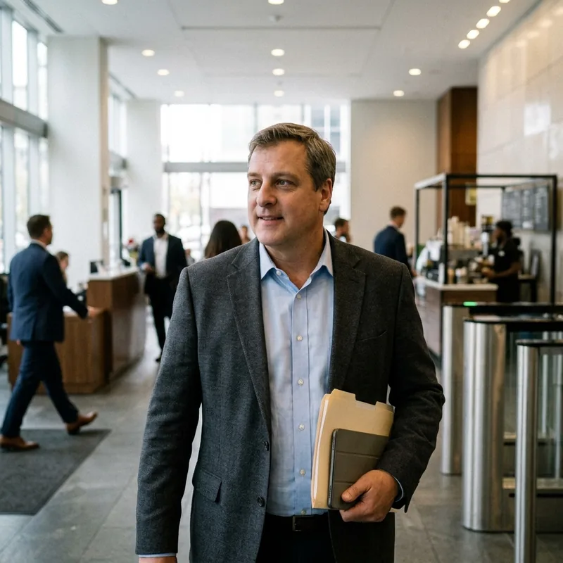 A man in a grey blazer walking through an office lobby with a folder