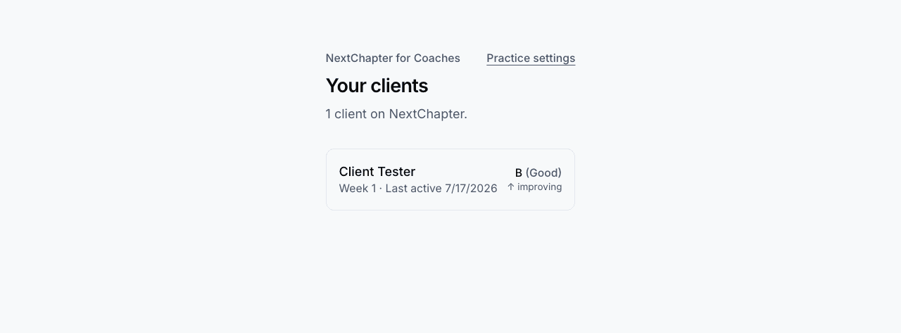 A coach's client list showing execution grade, trend, and week number for each client in an expandable row