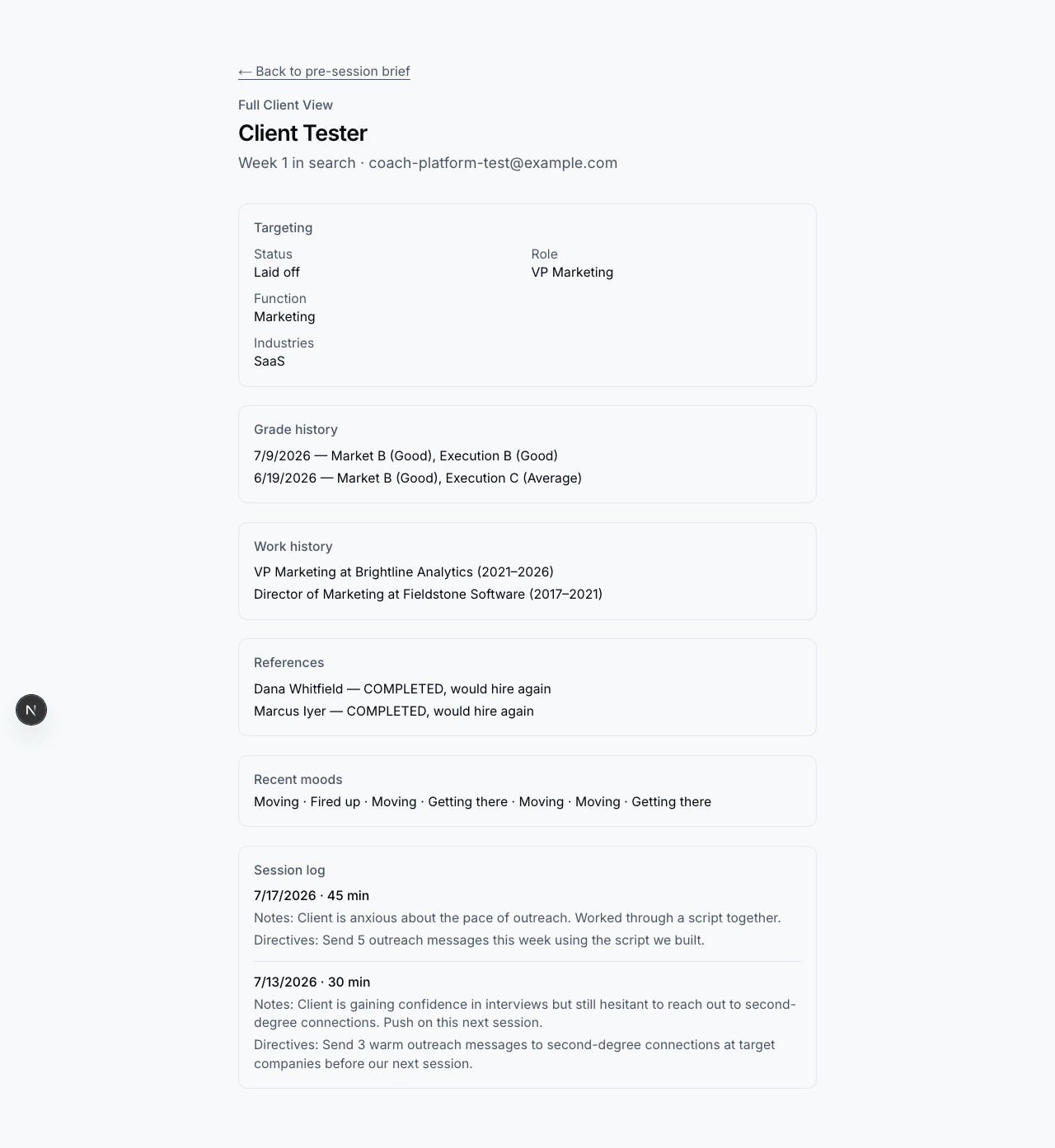 Full Client View for a coach's client, showing targeting, grade history, work history, references, recent moods, and a session log with notes and directives