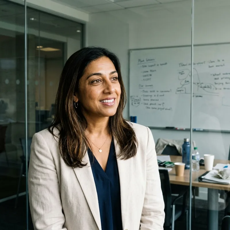 A woman in a cream blazer smiling in a glass conference room