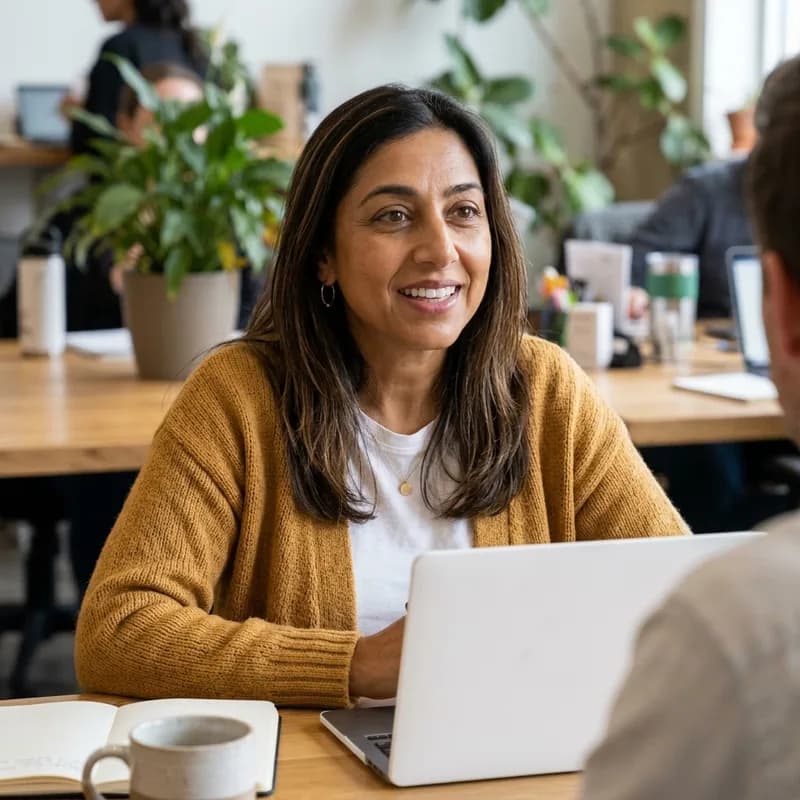 A woman in a mustard cardigan smiling as she talks at a shared table in a coworking space