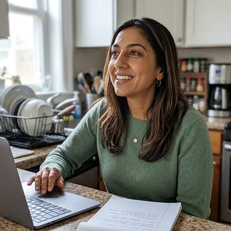 A woman smiling at her laptop at a kitchen counter, notebook beside her