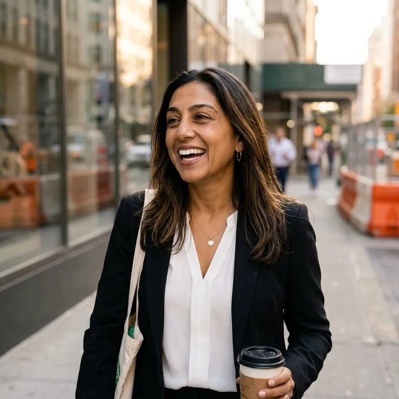 A woman laughing as she walks down a city street with a coffee