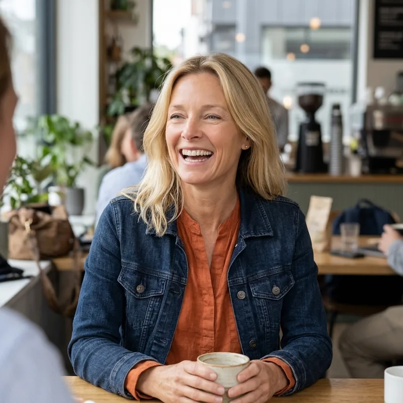 A woman talking over coffee in a café