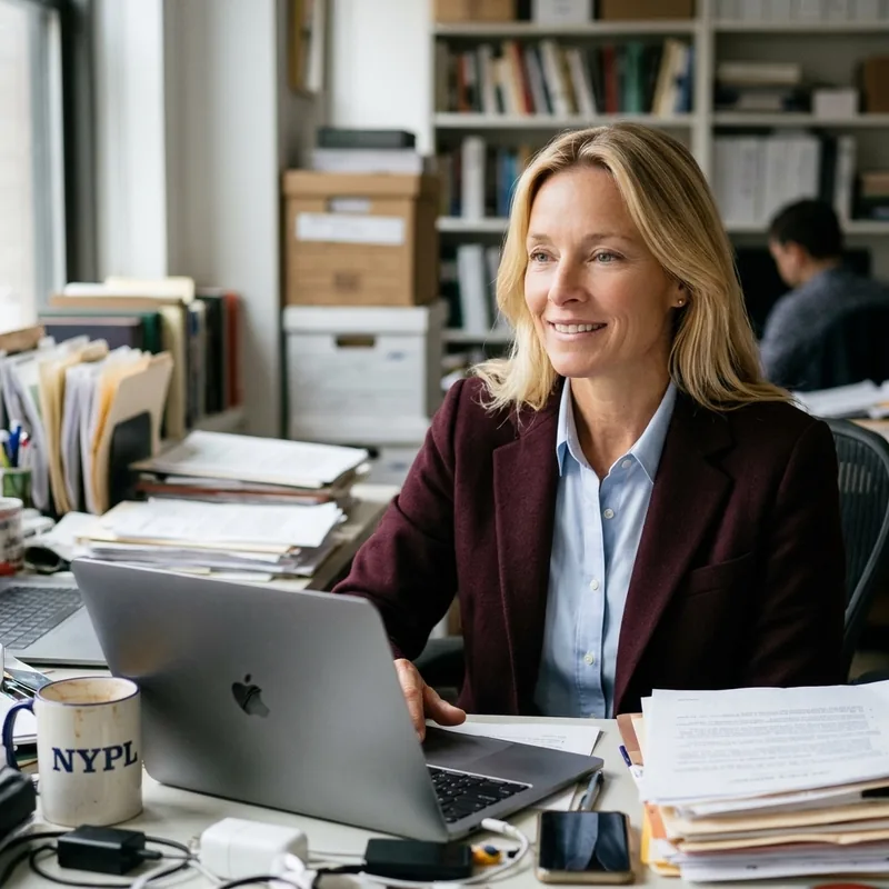 A woman in a burgundy blazer at her desk