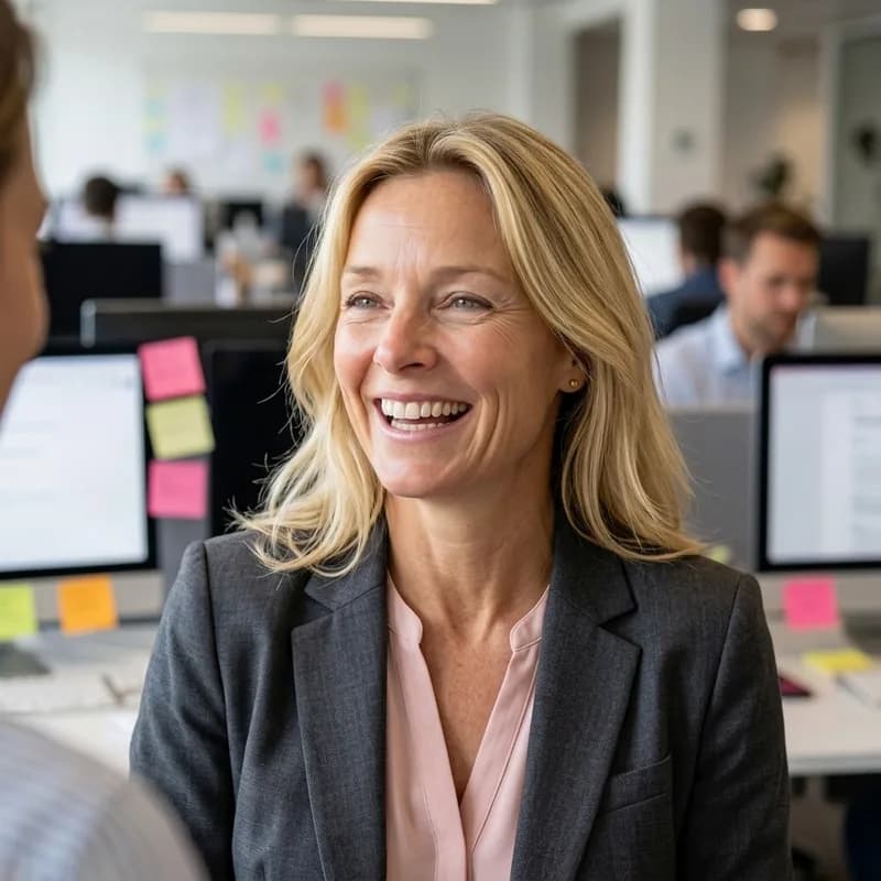 Vic laughing in an open-plan office
