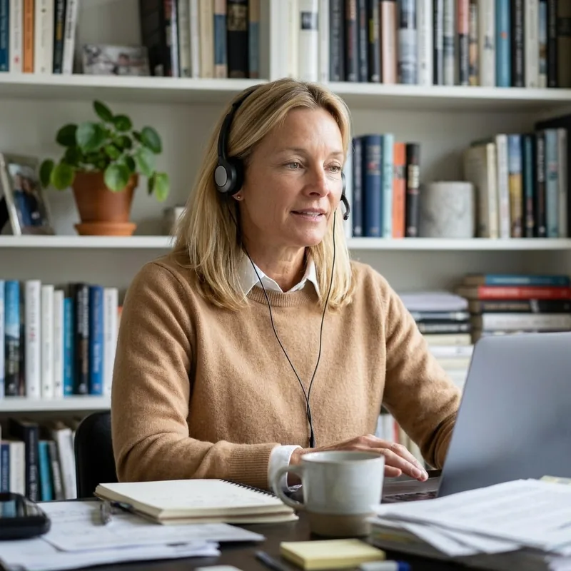 A woman on a video call in a home office